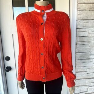 L-RL Ralph Lauren Active Orange Cable Knit Snap Cardigan Sweater Womens Sz XL